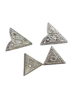 Decorative Silver-Tone Metal Triangular Conchos With Engraved Designs Set Of Fou